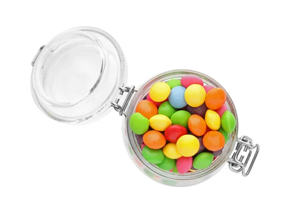 Many Tasty Candies Glass Jar Isolated White Top View Stock Photo