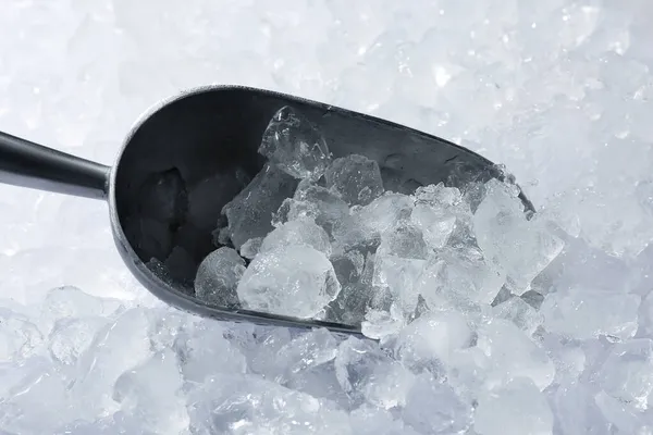 砕いた氷の上の金属スクープ クローズアップビュー — ストック写真