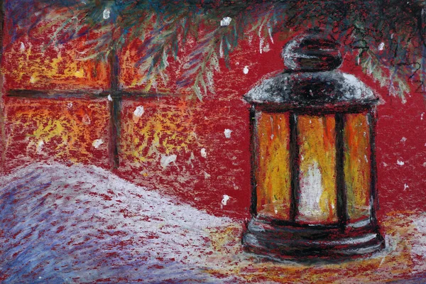 Pastelová Kresba Hořící Lucerny Sněhu Okna — Stock fotografie