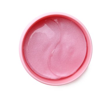 Kavanozun içindeki göz bantları beyaza izole edilmiş, üst manzara. Kozmetik ürünü