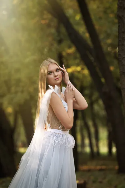 Красивая Девушка Сказочном Платье Осеннем Лесу — стоковое фото