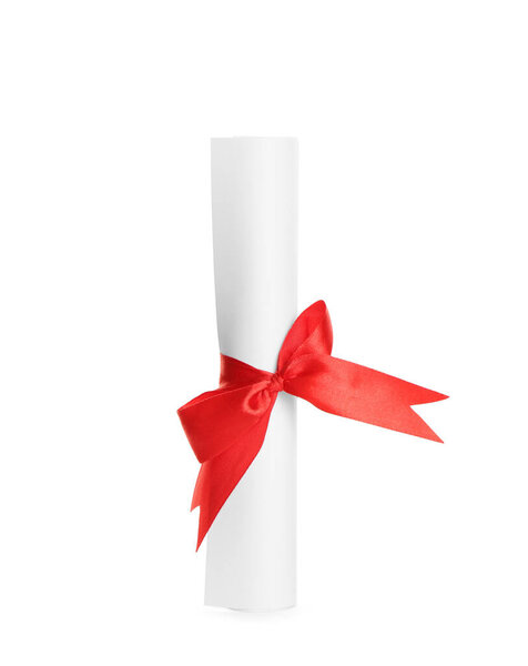 Rolled student's diploma with red ribbon isolated on white