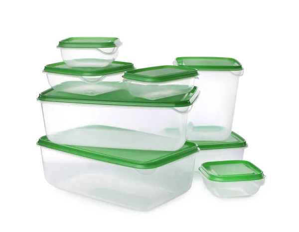 Set Empty Plastic Containers Food White Background — Stock Photo, Image