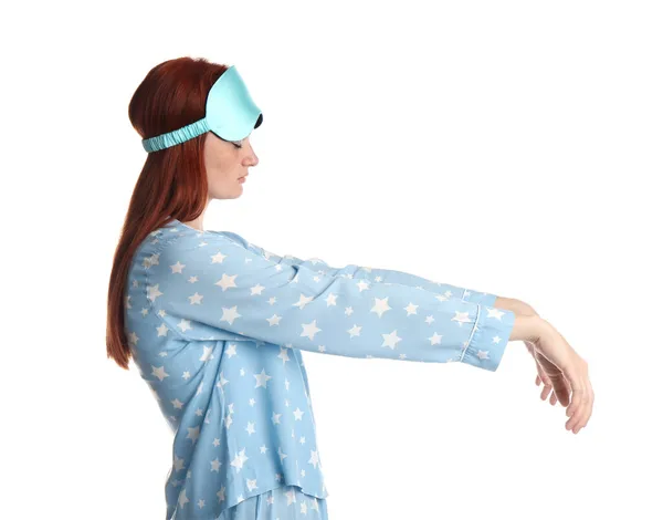 Mujer Joven Con Pijama Máscara Estado Sonámbulo Sobre Fondo Blanco — Foto de Stock