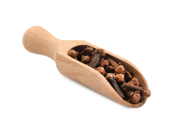 Wooden Scoop Aromatic Dry Cloves Isolated White — Stock Photo, Image