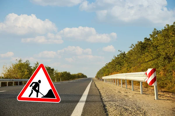 Traffic Sign Road Works Highway Sunny Day — Stock Photo, Image