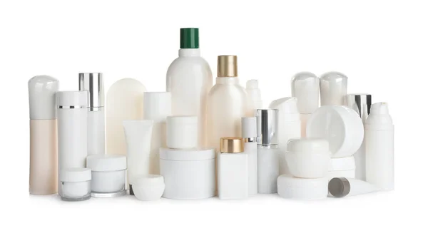 Muitos Produtos Cosméticos Diferentes Fundo Branco — Fotografia de Stock