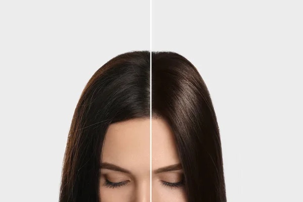 Detailní Pohled Mladou Ženu Před Barvení Vlasů Světlém Pozadí Koláž — Stock fotografie