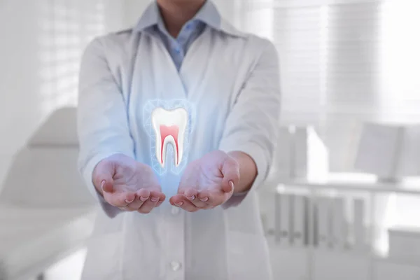 Dentysta Pokazuje Wirtualny Model Zęba Klinice Zbliżenie — Zdjęcie stockowe