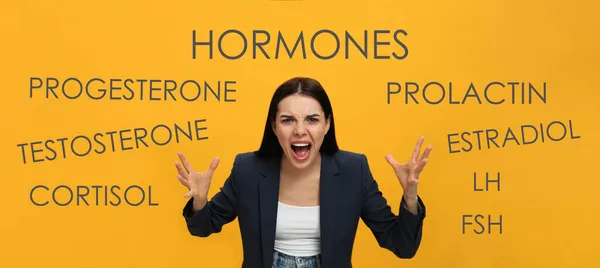 Hormones Imbalance Annoyed Young Woman Different Words Yellow Background Banner — Stock Photo, Image