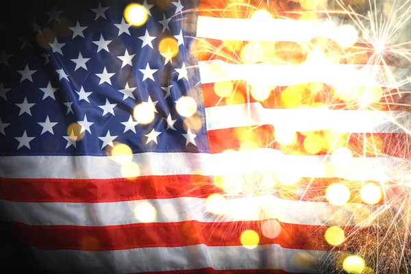 Día Independencia Estados Unidos Bandera Nacional Americana Fuegos Artificiales Efecto — Foto de Stock