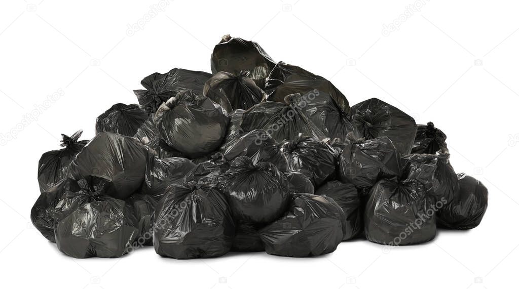 Big heap of trash bags with garbage on white background