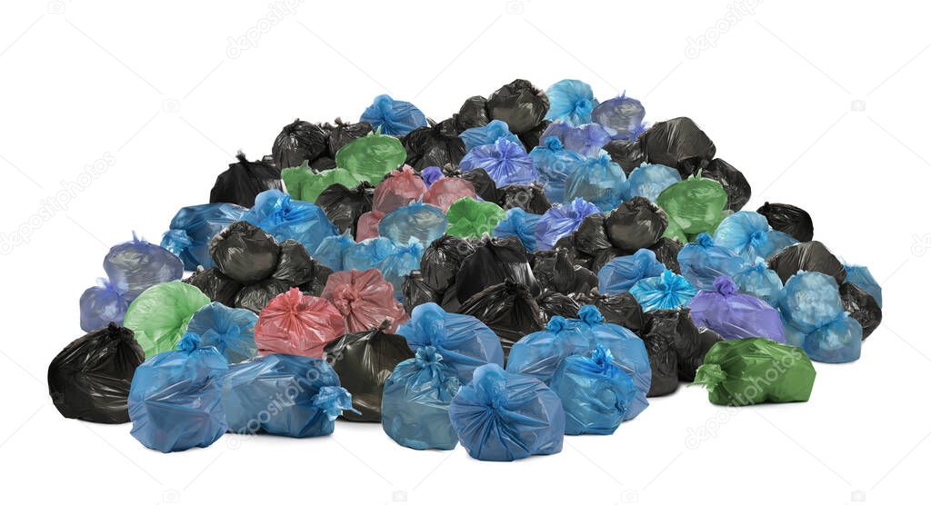 Big heap of trash bags with garbage on white background