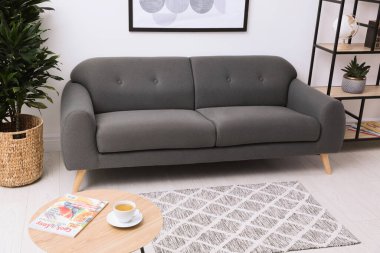 Gri halısı, rahat kanepesi ve bitkileri olan şık bir oturma odası.