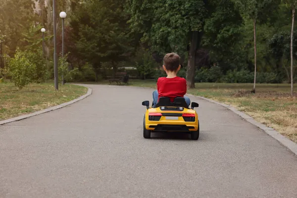 Çocuk arabası süren sevimli küçük bir çocuk, arka manzara. Metin için boşluk