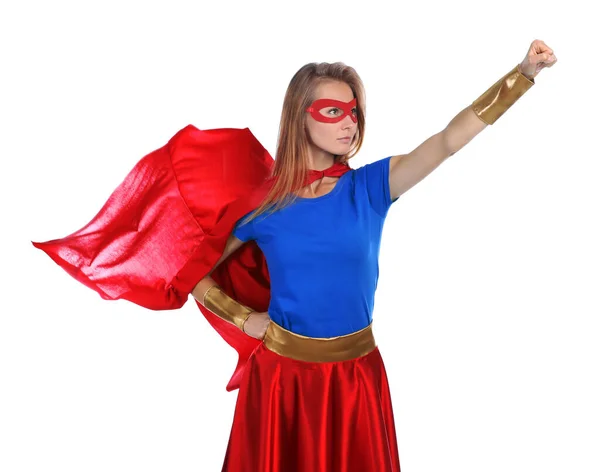 Självsäker Kvinna Bär Superhjälte Kostym Vit Bakgrund — Stockfoto
