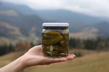 Dağlarda lezzetli salatalık turşusu kavanozu tutan kadın, yakın plan.