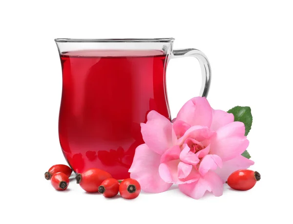 Aromatic Rose Hip Tea Flower Fresh Berries White Background — Stock Photo, Image