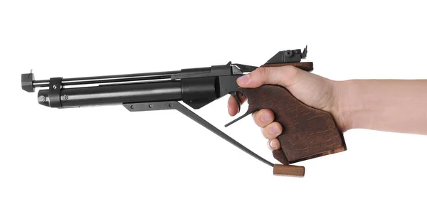 Střelba Pistole Muž Míří Standardní Pistole Bílém Pozadí Detailní Záběr — Stock fotografie