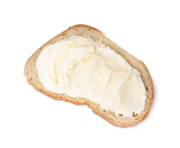 Fatia Pão Com Queijo Creme Saboroso Isolado Branco Vista Superior — Fotografia de Stock