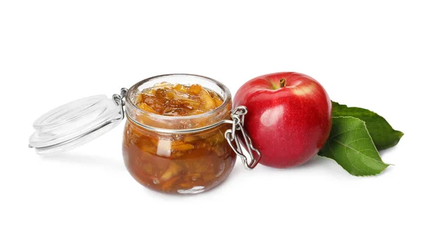 Tasty Apple Jam Glass Jar Fresh Fruit White Background — Stock Photo, Image