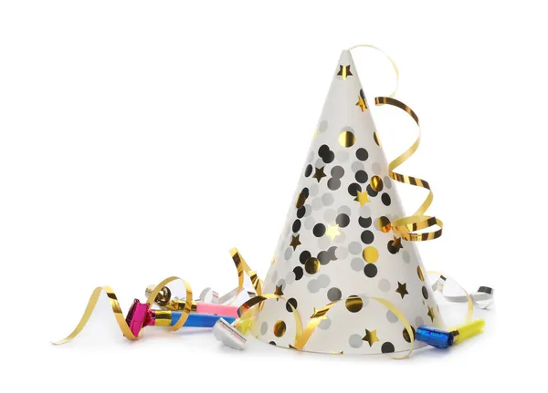 Party Hat Blowers Confetti Streamers Witte Achtergrond — Stockfoto