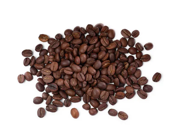 Högen Med Rostade Kaffebönor Vit Bakgrund Ovanifrån — Stockfoto