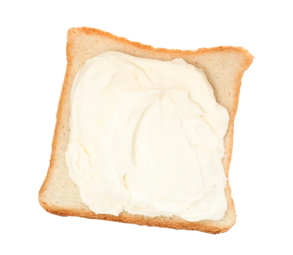 Felie Pâine Brânză Cremă Gustoasă Izolată Alb Vedere Sus — Fotografie, imagine de stoc