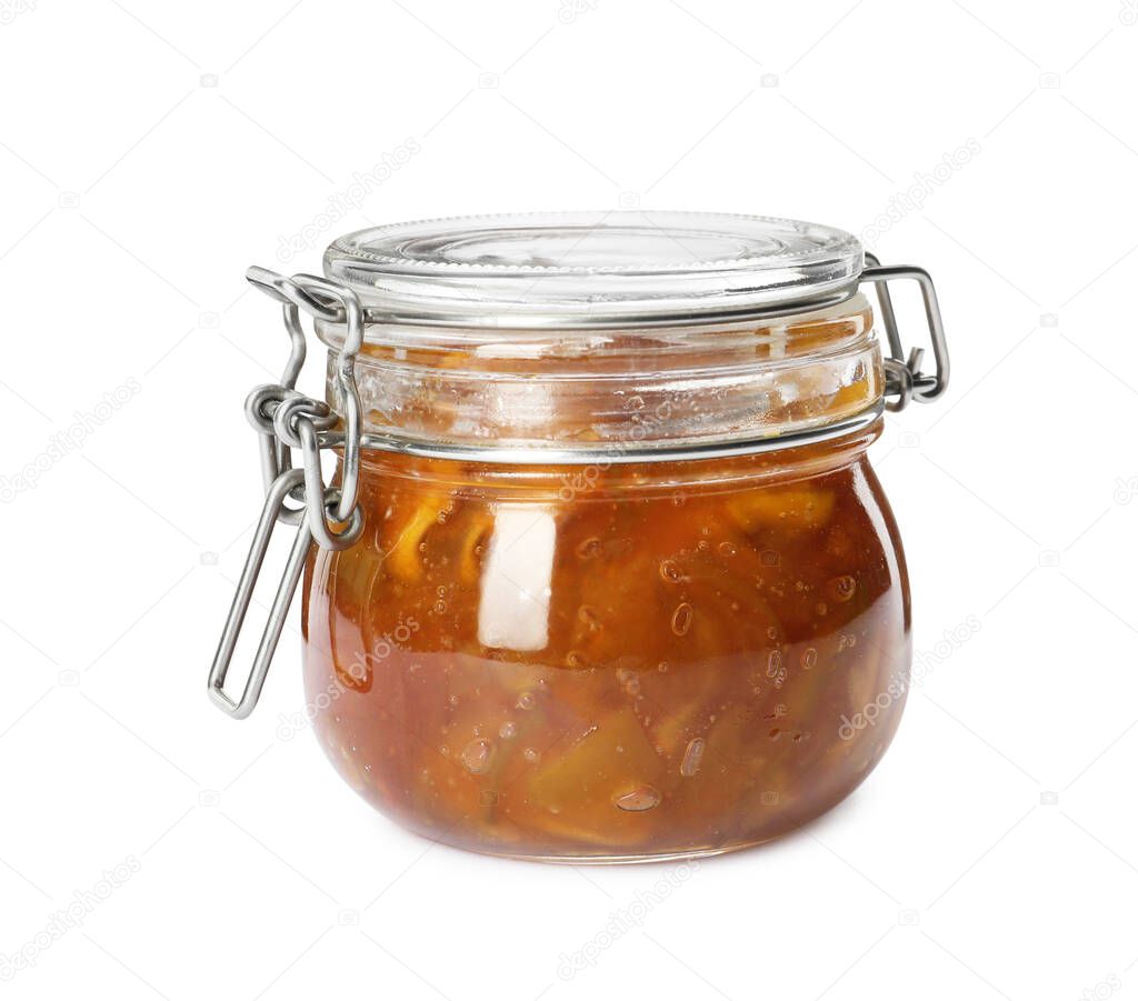 Tasty apple jam in glass jar isolated on white