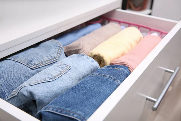 Open Drawer Folded Clothes Indoors Closeup Vertical Storage — Stock Photo, Image