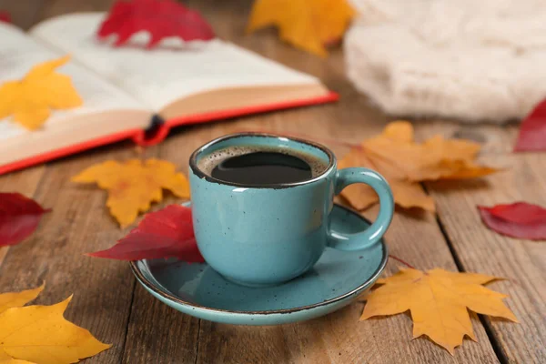 Cup Hot Coffee Autumn Leaves Wooden Table — Stock Photo, Image