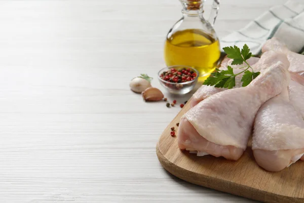 Raw Chicken Drumsticks Ingredients White Wooden Table Space Text — Stock Photo, Image