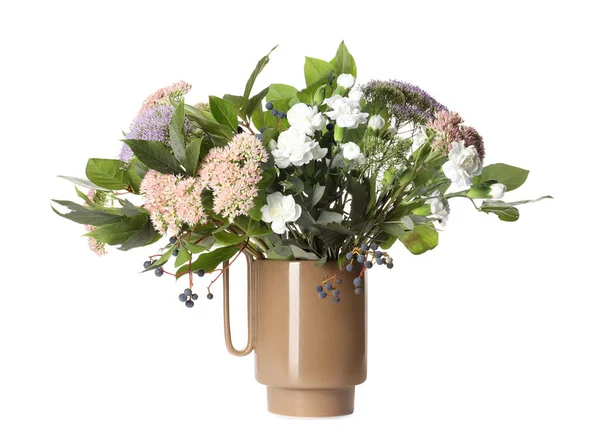 Vaso Cerâmica Elegante Com Belas Flores Ramos Sobre Fundo Branco — Fotografia de Stock