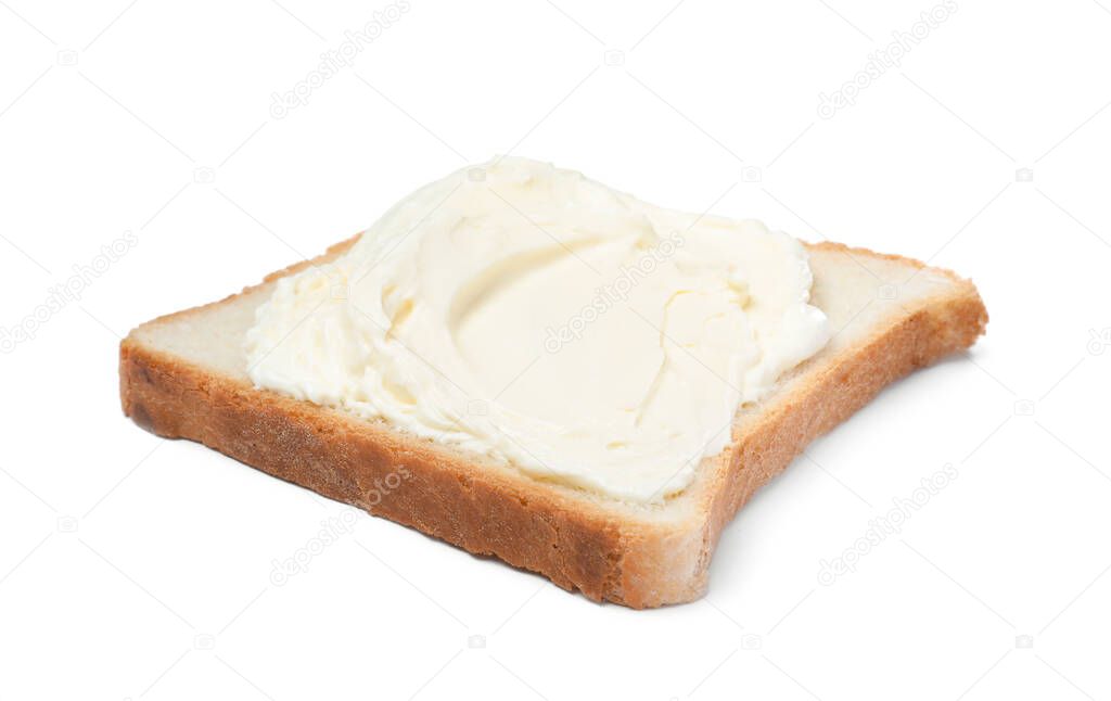 Slice of bread with tasty cream cheese isolated on white