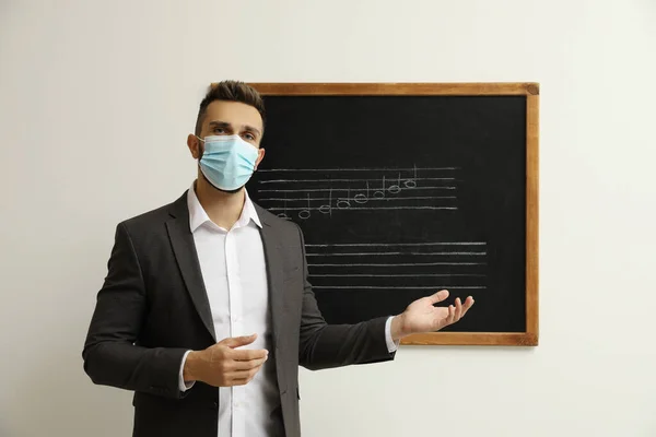 Teacher Wearing Protective Mask Black Chalkboard Music Notes Classroom — Stock Photo, Image