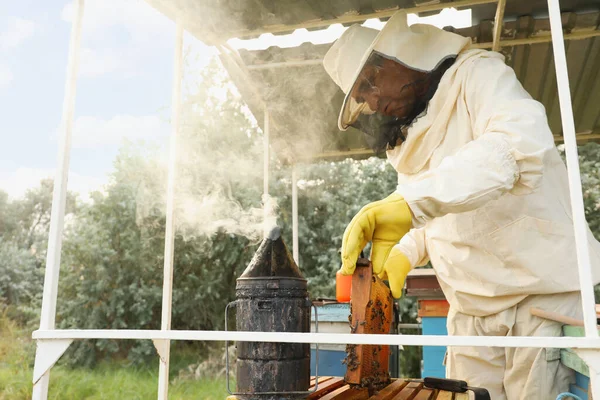 養蜂家で制服で蜂蜜フレームとともにApiary — ストック写真