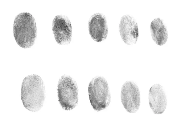 Πολλά Μαύρα Δακτυλικά Αποτυπώματα Φτιαγμένα Μελάνι Λευκό Φόντο Πάνω Όψη — Φωτογραφία Αρχείου