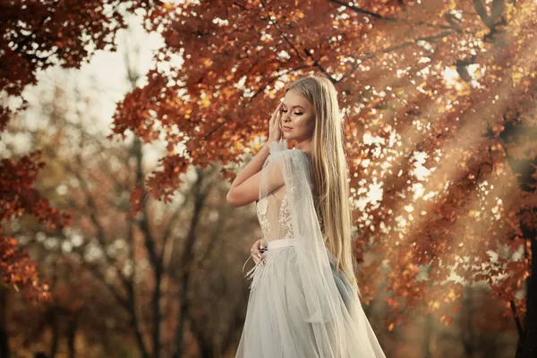Piękna Dziewczyna Nosi Sukienkę Bajki Jesiennym Lesie — Zdjęcie stockowe