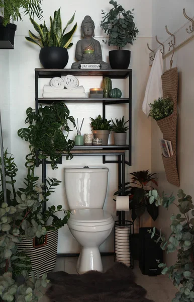 Interior Banheiro Elegante Com Vaso Sanitário Plantas Sala Verdes — Fotografia de Stock