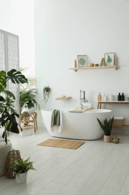 Modern küvetin, ev bitkilerinin ve güzel dekorun olduğu şık bir banyo. Ev tasarımı