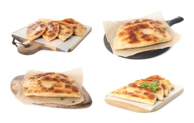 Beyaz arka planda leziz kızarmış chebureki ile ayarlandı 