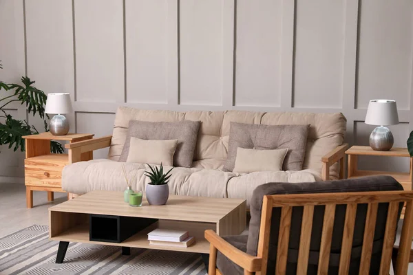 Stylový Interiér Obývacího Pokoje Pohodlnou Pohovkou Křeslem Krásnými Rostlinami — Stock fotografie