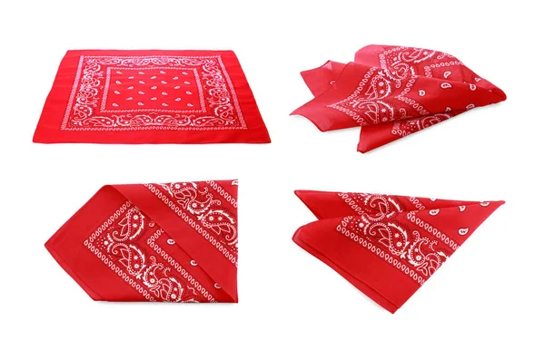 Rote Bandanas Mit Paisley Muster Auf Weißem Hintergrund Collage — Stockfoto