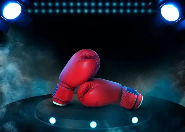 Pair Boxing Gloves Black Stand Illuminated Spotlights — Stock Photo, Image