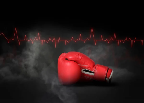 Luva Boxe Vermelha Ilustração Cardiograma Fumaça Fundo Preto — Fotografia de Stock