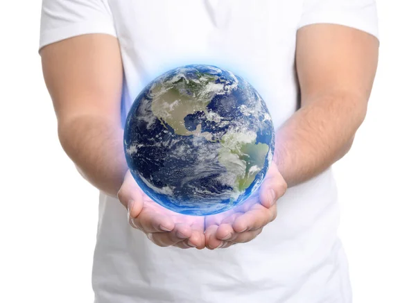 Världen Våra Händer Man Som Håller Digital Modell Jorden Vit — Stockfoto