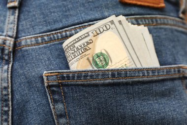 Kotun cebinde dolar banknotları, yakın plan. Para harcamak