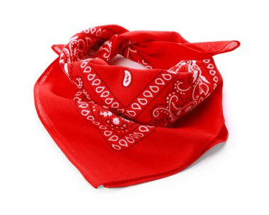 Beyaz desenli kırmızı bandana bağlanmış.