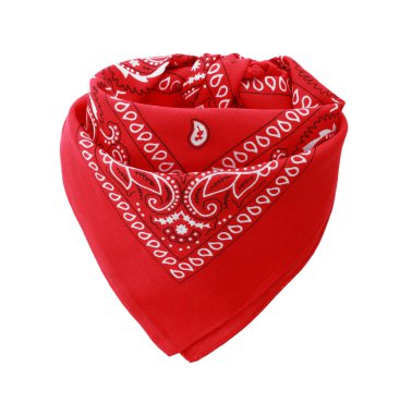 Beyaz desenli kırmızı bandana bağlanmış.