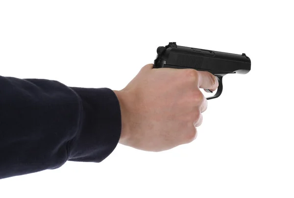 Mann Richtet Waffe Auf Weißem Hintergrund Nahaufnahme — Stockfoto